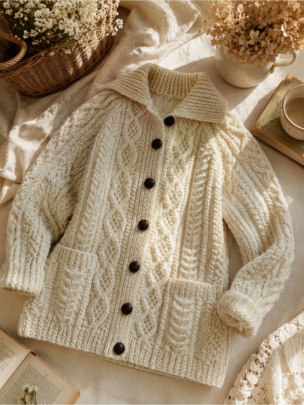 Vintage Irish Aran Wool Cardigan Sweater | Parker Handknits Wexford Ireland
